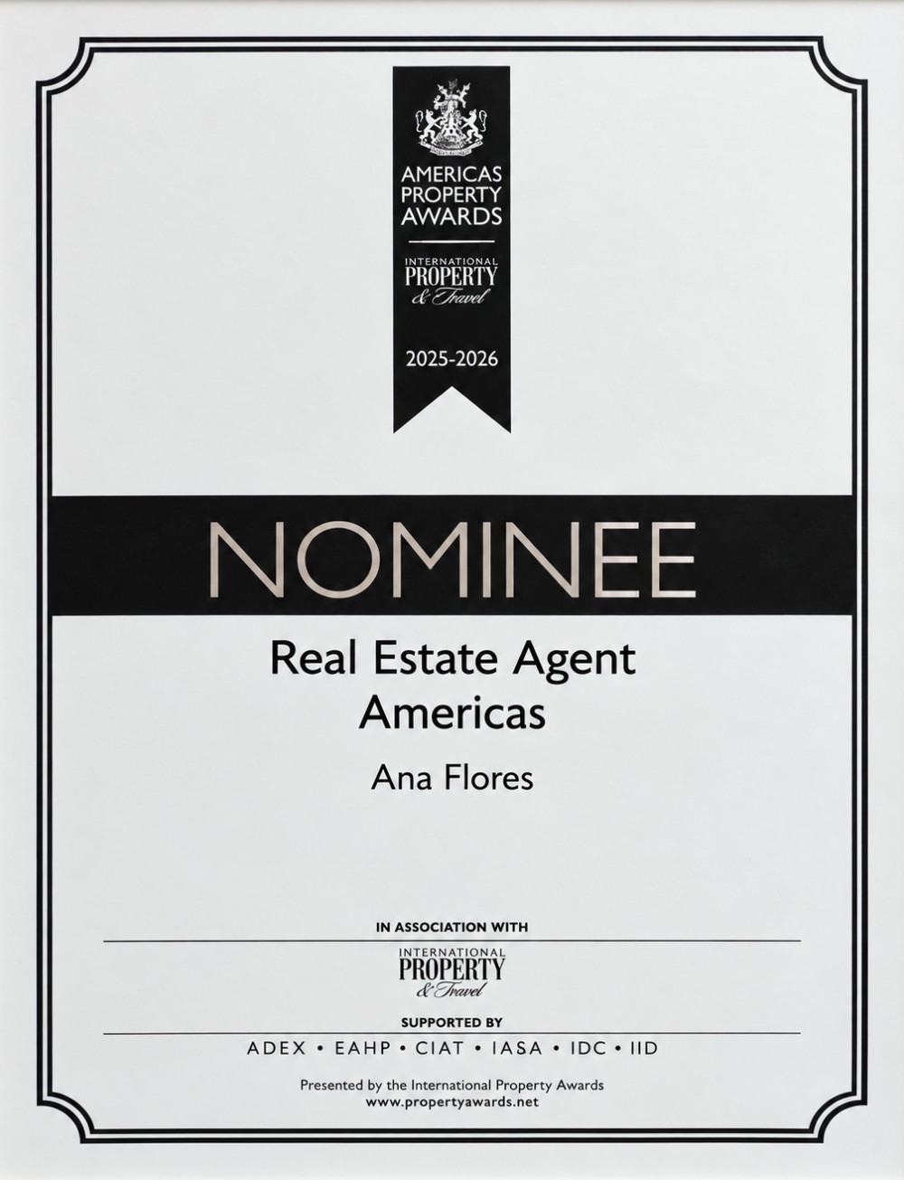 Americas Property Awards 2025-2026 — Nominee, Real Estate Agent Americas: Ana Flores (International Property Awards)