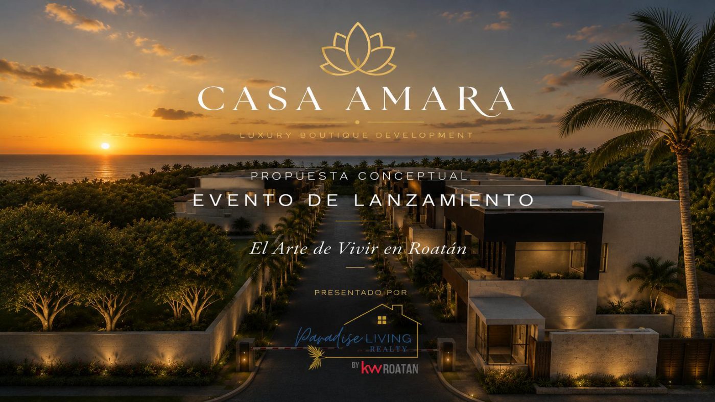 Casa Amara launch proposal cover — sunset render of the development